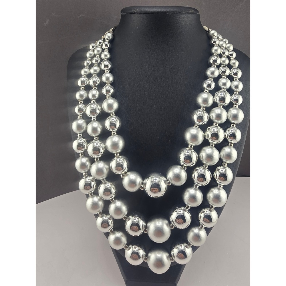 Vintage Estate Triple Strand Necklace Silver Tone Graduated Faux Pearl 17in